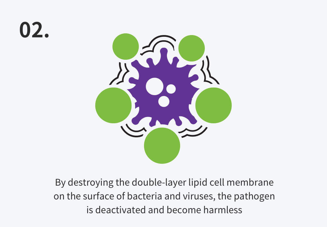 By destroying the double-layer lipid cell membrane on the surface of bacteria and viruses, the pathogen is deactivated and become harmless